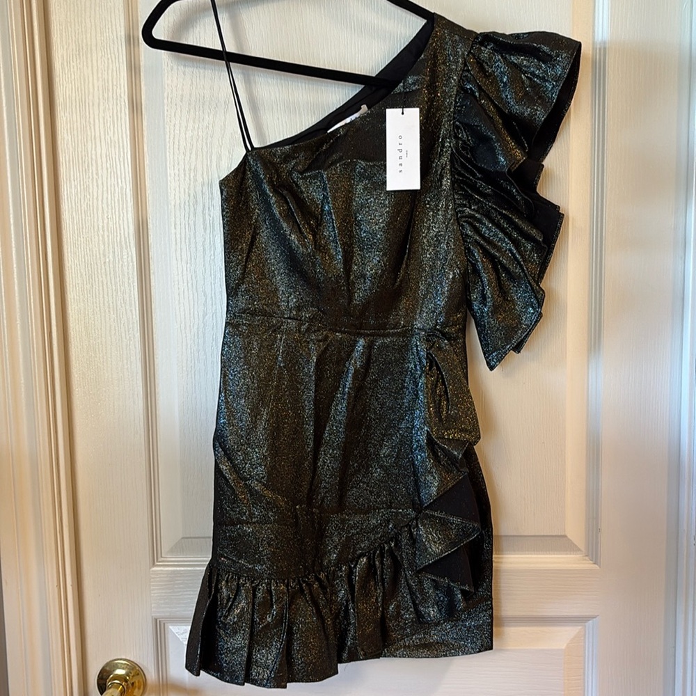 Sandro Effie One-Shoulder Metallic Ruffle Dress - Size 1